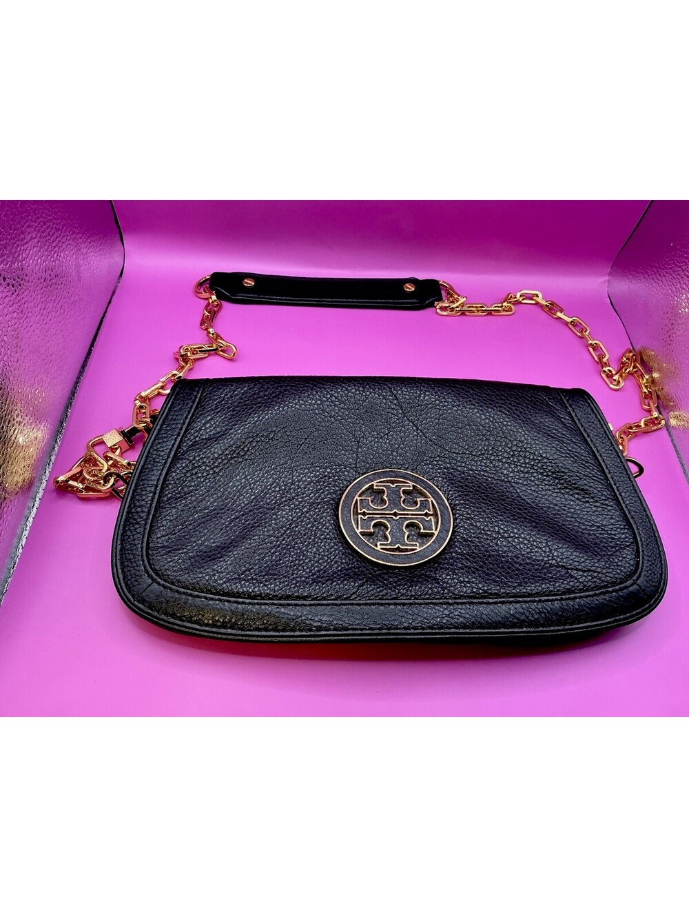Tory Burch Black Leather Crossbody Bag with Gold Chain Strap